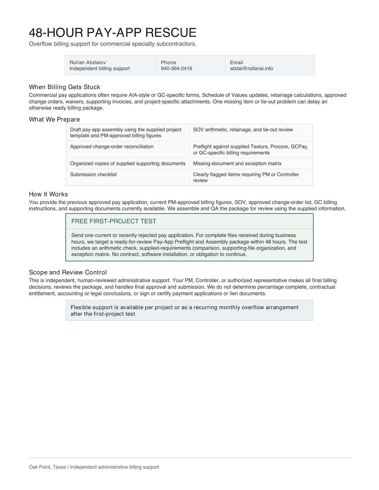 Sample one-page Pay-App Rescue service overview